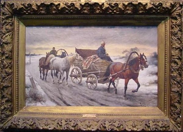 Horse Carts Oil Painting by A Litkow