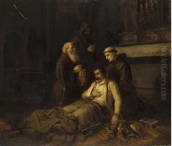 A Wounded Soldier Receiving The Last Rites Oil Painting by Karl Joseph Litschaur