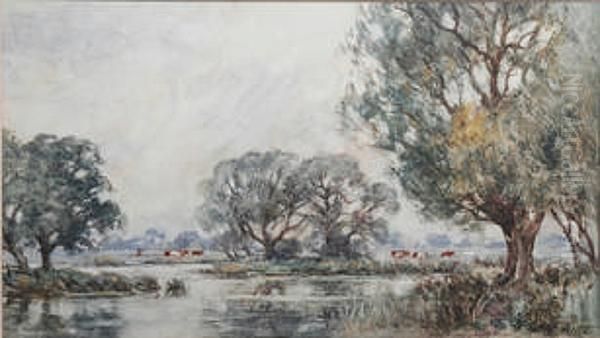 Cattle Grazing In A Waterside Pasture Oil Painting by George Leon Little