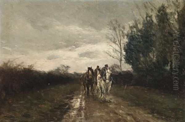 Horses In A Country Lane Oil Painting by George Leon Little