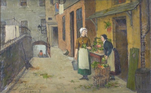 A Vegetable Stall Oil Painting by J. Little