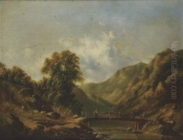 Shepherd Fishing From A Bridge In A River Valley. Oil Painting by Walter Little