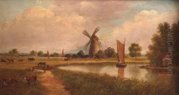 A Norfolk River Scene With Wherry And Windmill Oil Painting by Edward Littlewood