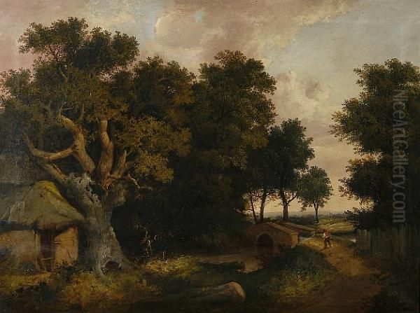 A Wooded Landscape With A Figure By A Bridge Oil Painting by Edward Littlewood