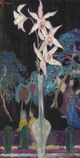 Orchids With Oriental Screen Oil Painting by Dorothea Litzinger