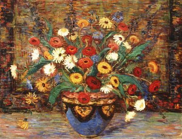 Still Life With Flowers In A Jardiniere Oil Painting by Dorothea Litzinger