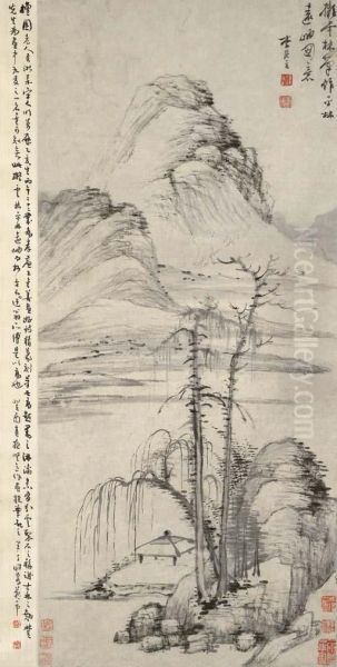 Trees Against Distant Mountains After Ni Zan Oil Painting by Li Liufang