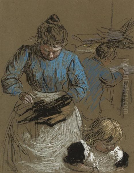 Woman Sewing, Accompanied By Two Children Oil Painting by Horace Mann Livens