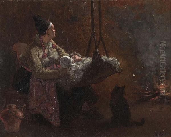 Mutter Mit Kind Am Feuer. Oil Painting by Frederic Theodore Lix