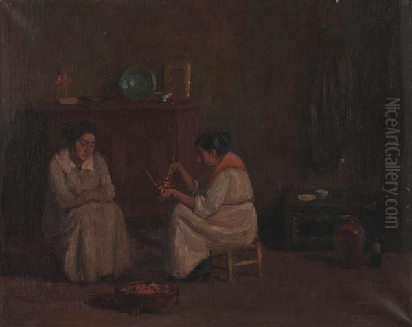 Two Women In An Interior Oil Painting by Sebastian Llanos Y Valdes