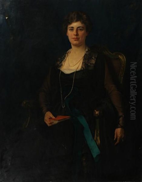 Portrait Of A Lady, Three Quarter Length, Seated, A Book In Her Lap Oil Painting by William Samuel Henry Llewellyn