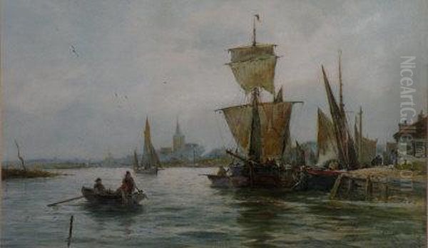 An Estuary Scene With Moored Fishing Boats Oil Painting by Robert Malcolm Lloyd