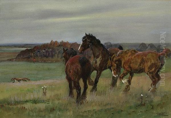 Ponies With A Hunt In The Distance Oil Painting by Thomas Ivester Lloyd