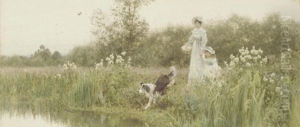 A Mother And Child With Their Sheepdog On The Banks Of A River Oil Painting by Thomas Lloyd