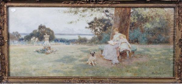 An Edwardian Woman Reading To Her Daughter Beneath A Tree In A Garden With A Pug Sitting Before Them Oil Painting by Thomas Lloyd