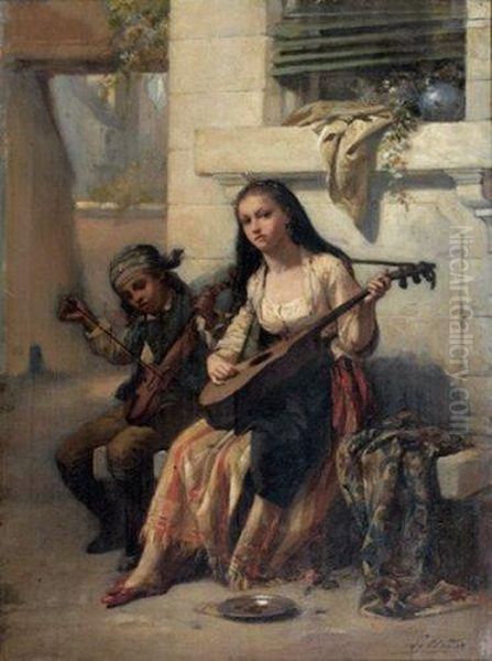 Enfants Musiciens Des Rues Oil Painting by Charles Auguste R. Lobbedez