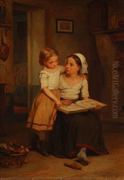 Agood Lesson Oil Painting by Charles Auguste R. Lobbedez