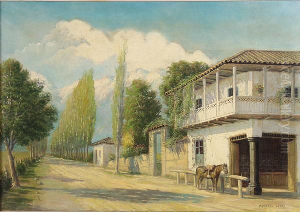 Hacienda On Tree Lined Road Oil Painting by Albert Lobos