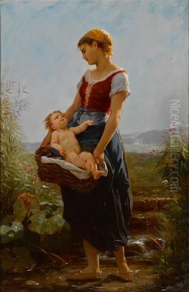 A Devoted Mother Oil Painting by Timoleon Marie Lobrichon