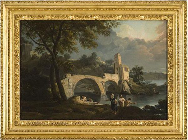 Paesaggio Laziale Con Ponte E Pescatori Oil Painting by Andrea Locatelli