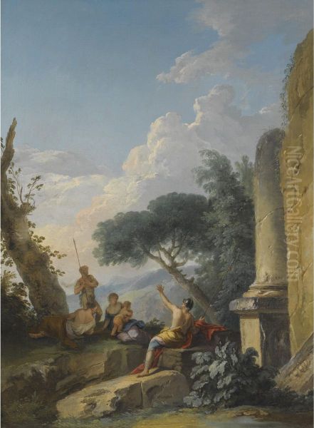 A Landscape With Figures Resting Beside Classical Ruins Oil Painting by Andrea Locatelli