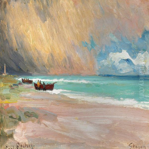 Seascape With Fishing Boats On The Beach, Skagen Oil Painting by Carl Locher