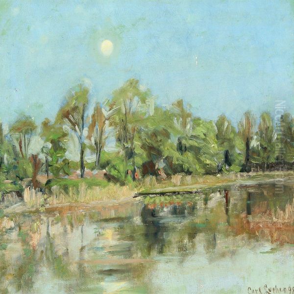 Moonlight Scene By A Forest Lake Oil Painting by Carl Locher