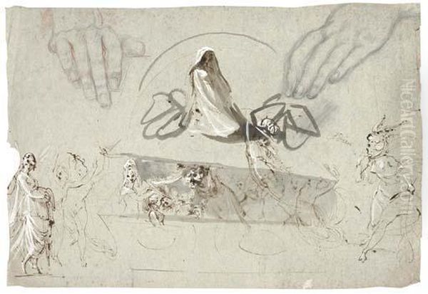 Studies Of Fairies; Also A Pair Of Hands Oil Painting by William Lock Of Norbury