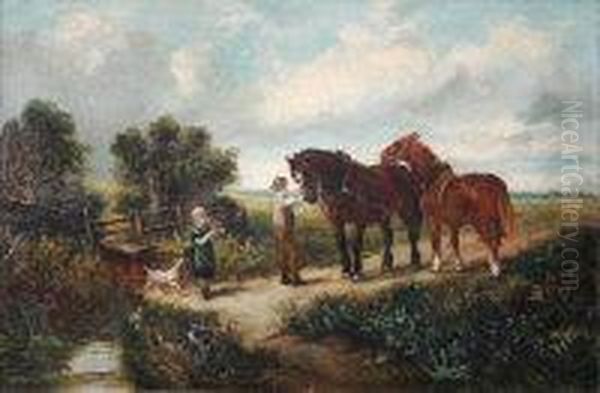 Two Horse Team And Drover, Young Girl And Dog By A Stile Oil Painting by John Locker