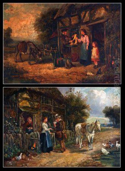 Figures And Animals Before A Cottage Oil Painting by John Locker