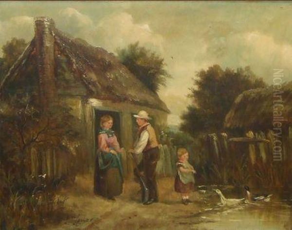 Family Group Before A Cottage Oil Painting by John Locker