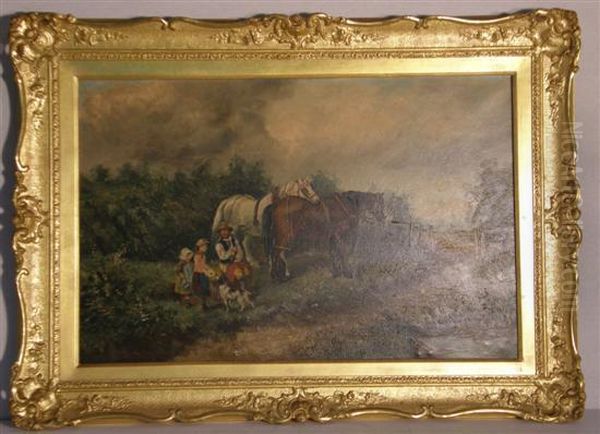 Country Scene With Horses And Figures Oil Painting by John Locker