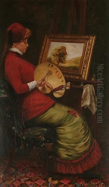 Portrait Of A Lady In Profile, Wearing A Fez, Seated Painting At Her Easel Oil Painting by John Gibson Lockhart