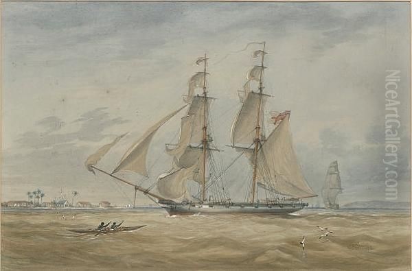 A Royal Navy Brig On Anti-slavery Patrol Heaving-to Off The African Coast Oil Painting by Charles Arthur Lodder Capt.