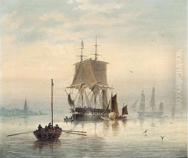 Estuary Scene With Man-o'-war At Anchor And Hay Barge Oil Painting by Charles Arthur Lodder Capt.