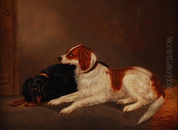 Spaniels In A Stable Oil Painting by Edwin Loder