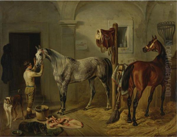 Preparing For The Hunt, A Dapple Grey And A Bay Hunter In A Stable Oil Painting by James Loder