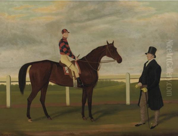 'merry Lass, Rees Up, With Owner Mr. Davis On Brecon Racecourse Oil Painting by James Loder