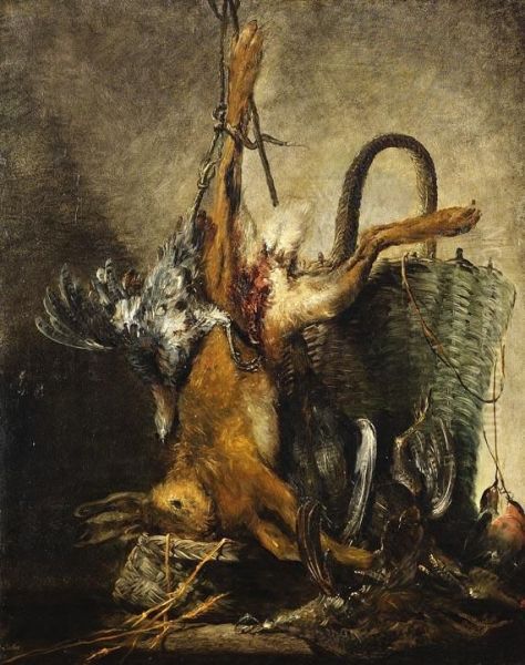 Zugeschrieben - Kuchenstillleben Mit Hase Und Vogeln Oil Painting by Matthaus Loder