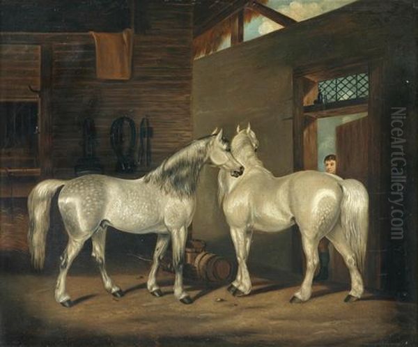 Two Greys In A Stable Oil Painting by Edwin Loder