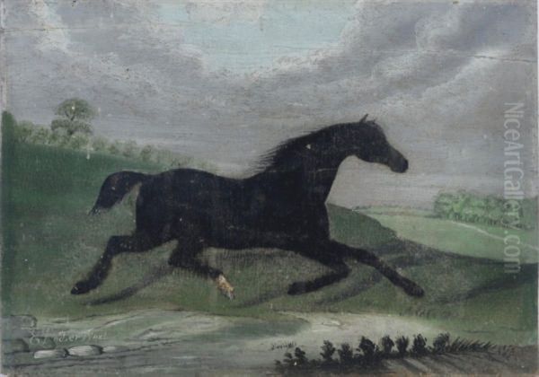 A Black Horse Trotting Through The Landscape Oil Painting by Edwin Loder