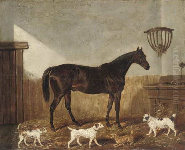 A Favourite Hunter And Terriers In A Stable Oil Painting by James Loder Of Bath