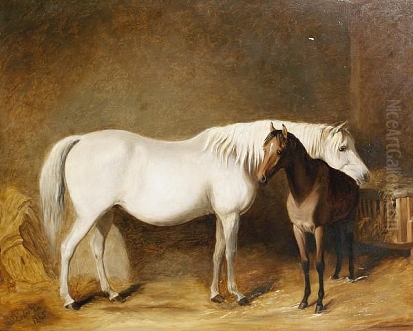 Horse And Foal In A Stable Oil Painting by James Loder Of Bath