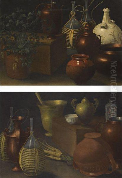 A Still Life With Two Wicker Covered Glass Bottles, A Jug, A Selection Of Other Pots And An Herbaceous Plant Oil Painting by Rodolfo Lodi