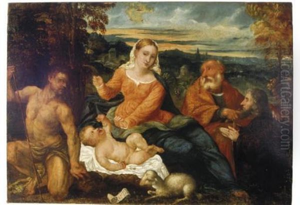 The Virgin And Child With St. John The Baptist And A Donor In A Landscape Oil Painting by Fiumicelli Lodovico