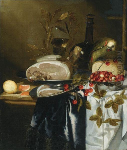 Still Life Of A Ham On A Pewter Plate, A Loaf Of Bread, Wildstrawberries In A Silver Bowl, A Roemer And A Glass Flask, A Branchof Cherries, A Lemon And A Sliced Orange, All Arranged On A Partlydraped Table, Together With A Parrot Oil Painting by Harmen Loeding