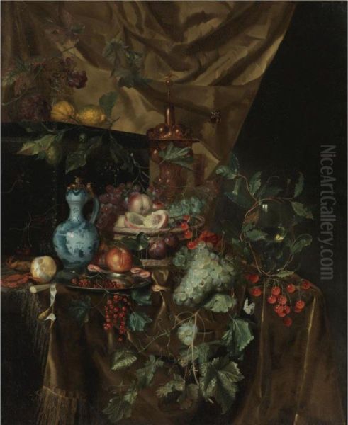 Basket Of Fruit On A Draped Table Oil Painting by Harmen Loeding