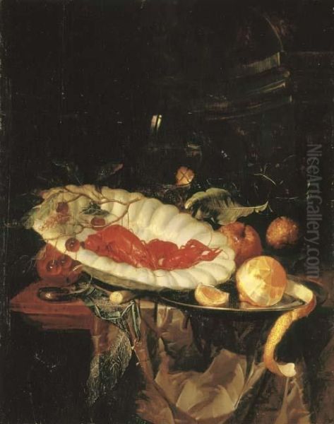 Lobsters And Cherries In A Porcelain Bowl, A Partly-peeled Lemon On A Pewter Platter, A Small Silver Box, A Roemer And Oranges On A Partly-draped Table Ledge Oil Painting by Harmen Loeding