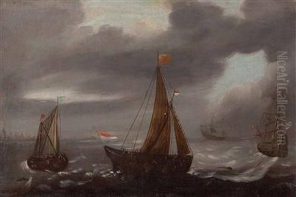 Segelboote Auf Sturmischer See In Kustennahe Oil Painting by Jacob Gerritz Loef