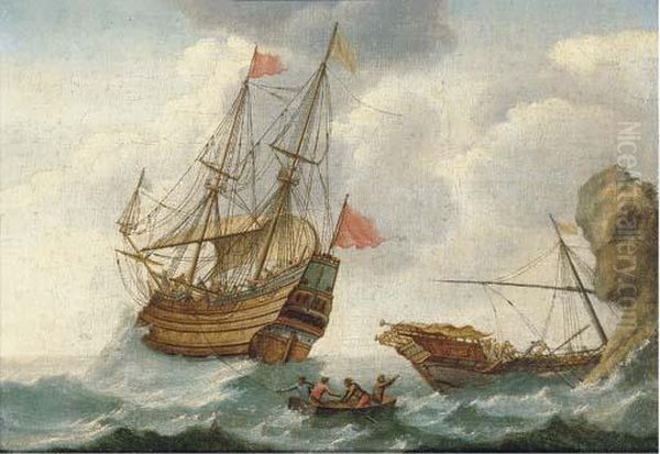 A Warship In Distress Off The Coast Oil Painting by Jacob Gerritz Loef